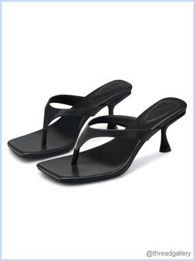 Women's Kitten Heel Flip Flop Sandals Square Toe Faux Leather Slip On
